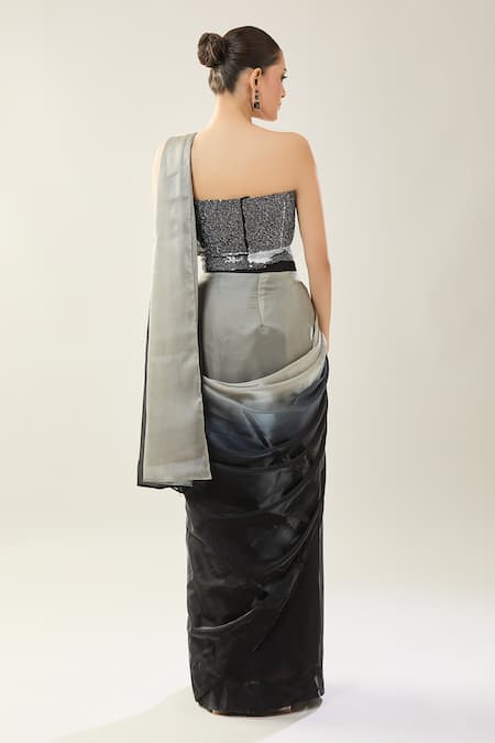 Samyukta Singhania Black Grey Satin Pre-Draped Saree Set 