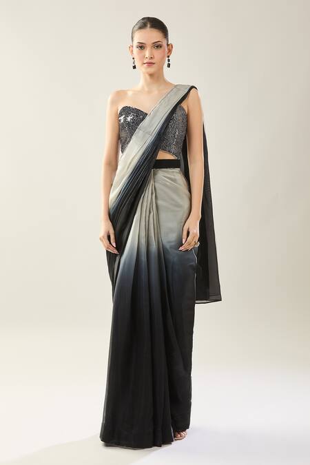 Shop_Samyukta Singhania_Black Satin Sequins Sweetheart Neck Grey Pre-draped Saree Set _Online_at_Aza_Fashions
