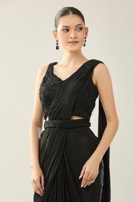 Buy_Samyukta Singhania_Black Chiffon Embroidery V-neck Blouse And Pre-draped Saree _Online_at_Aza_Fashions