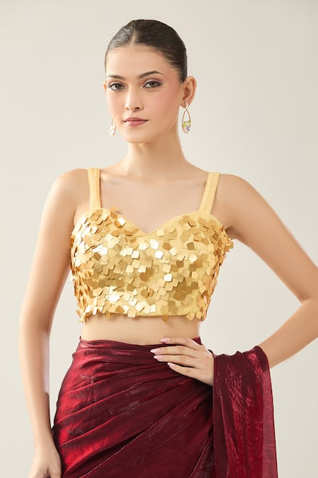 Samyukta Singhania Maroon Chinon Sequins Sweetheart Neck Pre-draped Saree Set With Golden Blouse Online at Aza Fashions Samyukta Singhania_Maroon Chinon Sequins Sweetheart Neck Pre-draped Saree Set With Golden Blouse _Online_at_Aza_Fashions