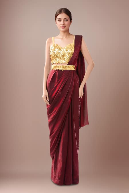 Samyukta Singhania Maroon Pre-Draped Saree Set With Golden Blouse 