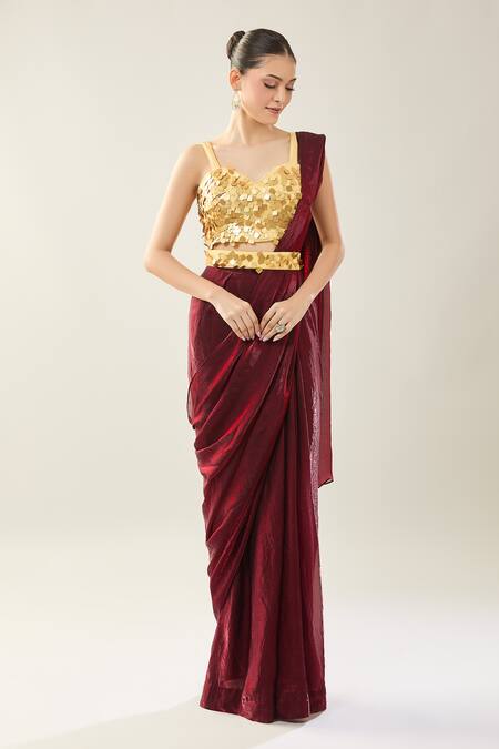 Buy Samyukta Singhania Maroon Chinon Sequins Sweetheart Neck Pre-draped Saree Set With Golden Blouse Online at Aza Fashions Buy_Samyukta Singhania_Maroon Chinon Sequins Sweetheart Neck Pre-draped Saree Set With Golden Blouse _Online_at_Aza_Fashions