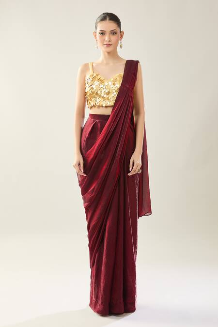 Samyukta Singhania Maroon Chinon Sequins Sweetheart Neck Pre-draped Saree Set With Golden Blouse at Aza Fashions Samyukta Singhania_Maroon Chinon Sequins Sweetheart Neck Pre-draped Saree Set With Golden Blouse _at_Aza_Fashions