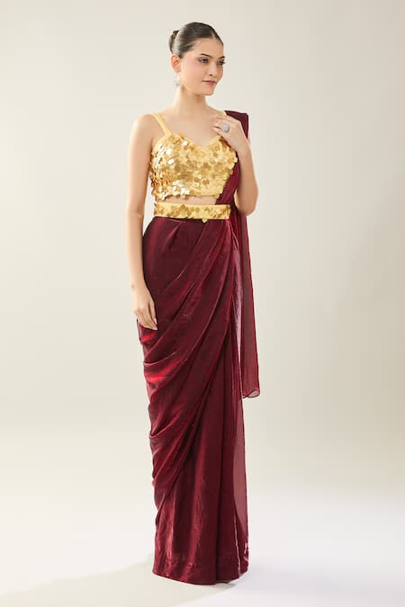Buy Samyukta Singhania Maroon Chinon Sequins Sweetheart Neck Pre-draped Saree Set With Golden Blouse Buy_Samyukta Singhania_Maroon Chinon Sequins Sweetheart Neck Pre-draped Saree Set With Golden Blouse