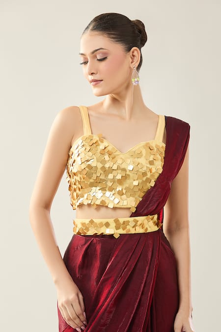 Shop Samyukta Singhania Maroon Chinon Sequins Sweetheart Neck Pre-draped Saree Set With Golden Blouse Shop_Samyukta Singhania_Maroon Chinon Sequins Sweetheart Neck Pre-draped Saree Set With Golden Blouse