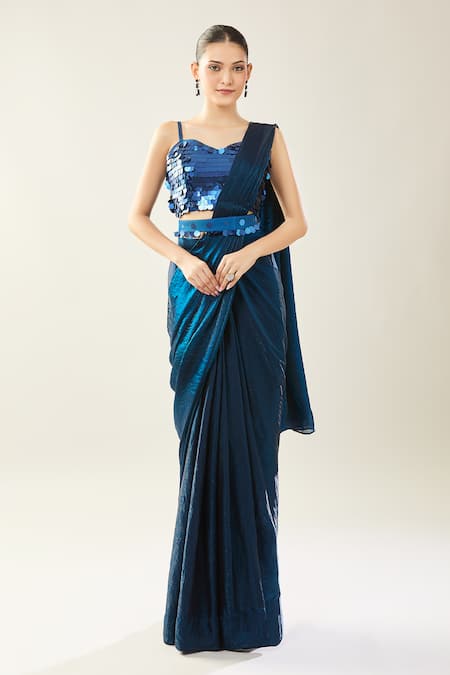 Samyukta Singhania_Blue Chinon Sequins Sweetheart Neck Embellished Blouse And Saree Set _Online_at_Aza_Fashions