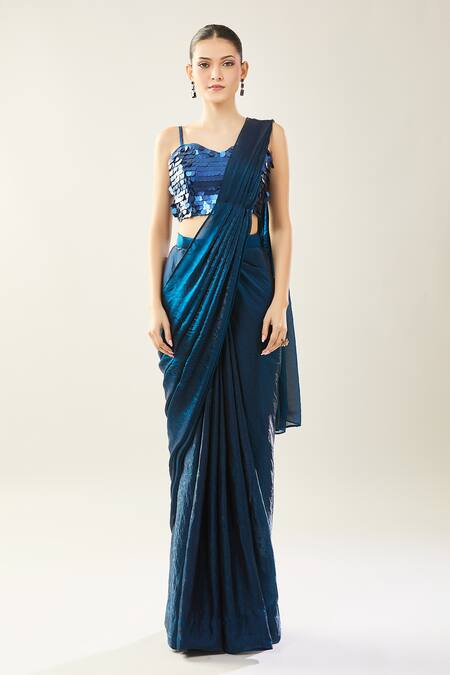 Buy_Samyukta Singhania_Blue Chinon Sequins Sweetheart Neck Embellished Blouse And Saree Set _Online_at_Aza_Fashions