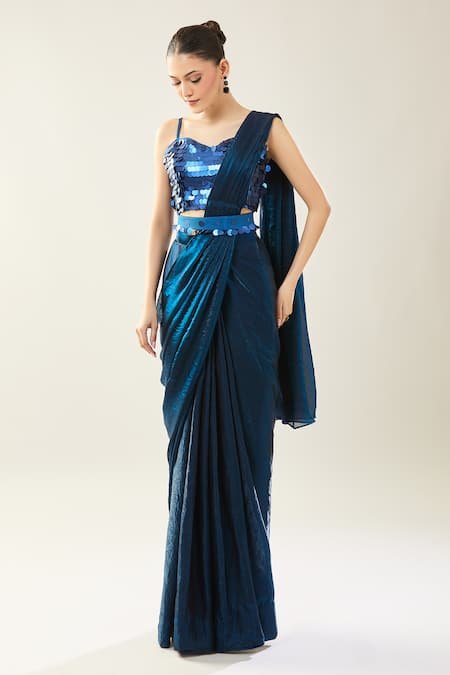 Shop_Samyukta Singhania_Blue Chinon Sequins Sweetheart Neck Embellished Blouse And Saree Set _Online_at_Aza_Fashions
