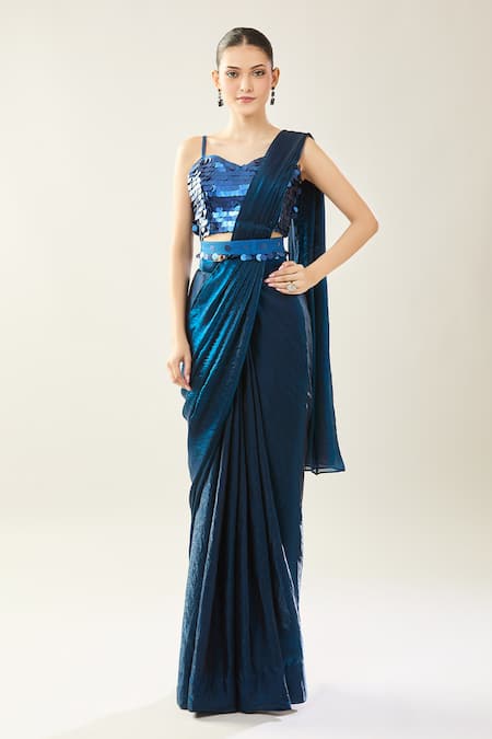 Samyukta Singhania_Blue Chinon Sequins Sweetheart Neck Embellished Blouse And Saree Set _at_Aza_Fashions