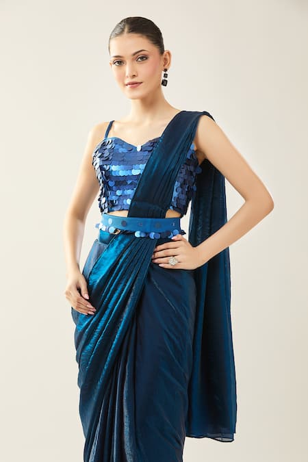 Buy_Samyukta Singhania_Blue Chinon Sequins Sweetheart Neck Embellished Blouse And Saree Set 