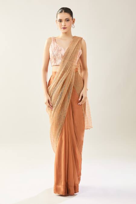 Samyukta Singhania_Brown Chinon Sequins V-neck Peach Embellished Blouse And Saree Set _Online_at_Aza_Fashions