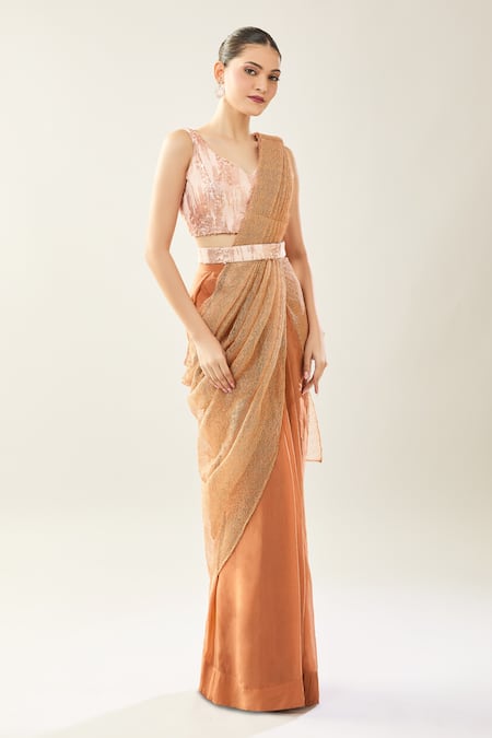 Buy_Samyukta Singhania_Brown Chinon Sequins V-neck Peach Embellished Blouse And Saree Set _Online_at_Aza_Fashions