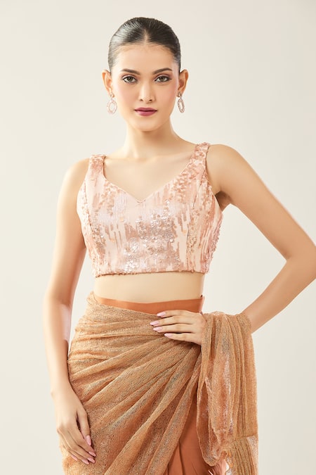 Shop_Samyukta Singhania_Brown Chinon Sequins V-neck Peach Embellished Blouse And Saree Set _Online_at_Aza_Fashions