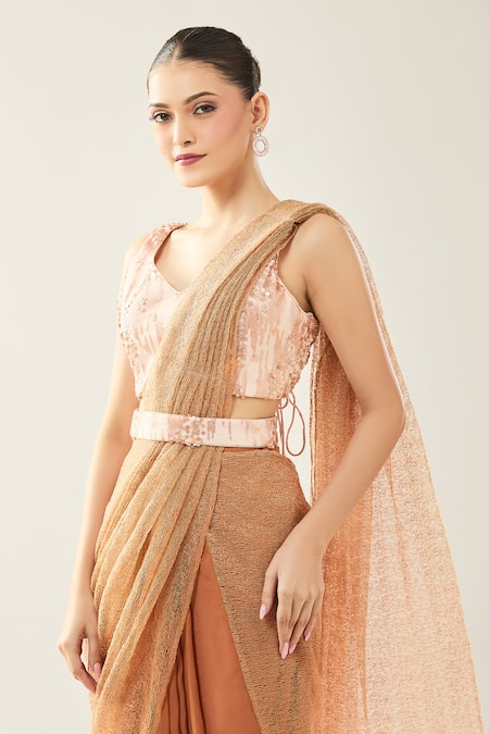 Samyukta Singhania_Brown Chinon Sequins V-neck Peach Embellished Blouse And Saree Set _at_Aza_Fashions