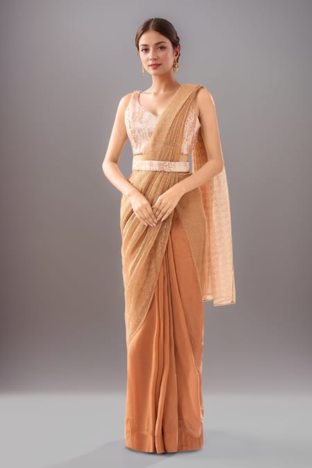 Samyukta Singhania Peach Sequin Embellished Blouse & Saree Set 