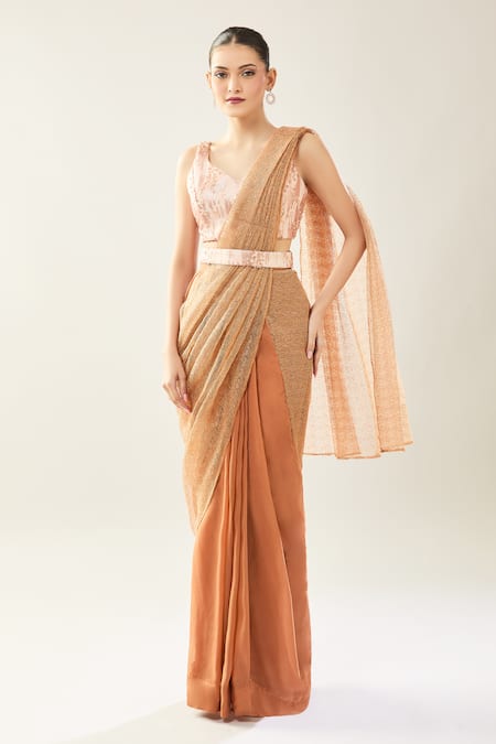 Buy_Samyukta Singhania_Brown Chinon Sequins V-neck Peach Embellished Blouse And Saree Set 