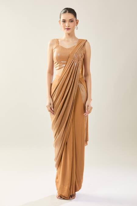 Samyukta Singhania_Brown Chinon Sequins V-neck Pre-draped Saree Set _Online_at_Aza_Fashions