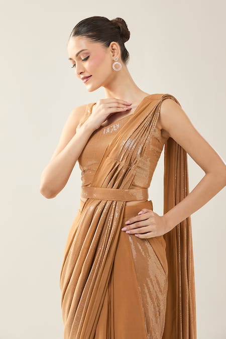 Buy_Samyukta Singhania_Brown Chinon Sequins V-neck Pre-draped Saree Set _Online_at_Aza_Fashions
