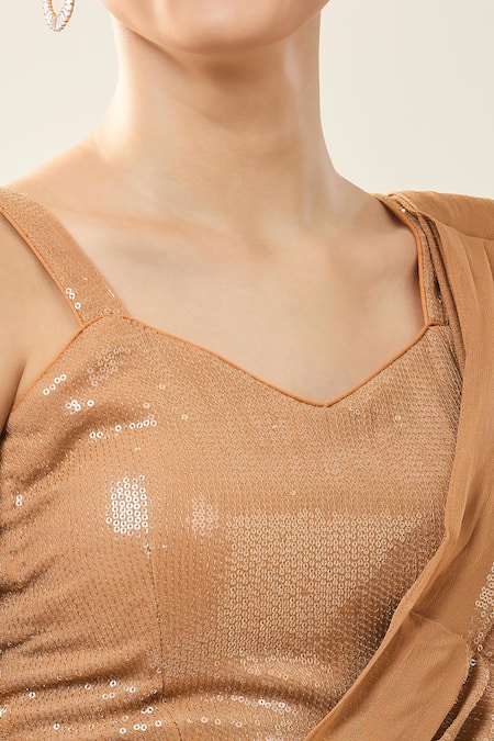 Shop_Samyukta Singhania_Brown Chinon Sequins V-neck Pre-draped Saree Set _Online_at_Aza_Fashions