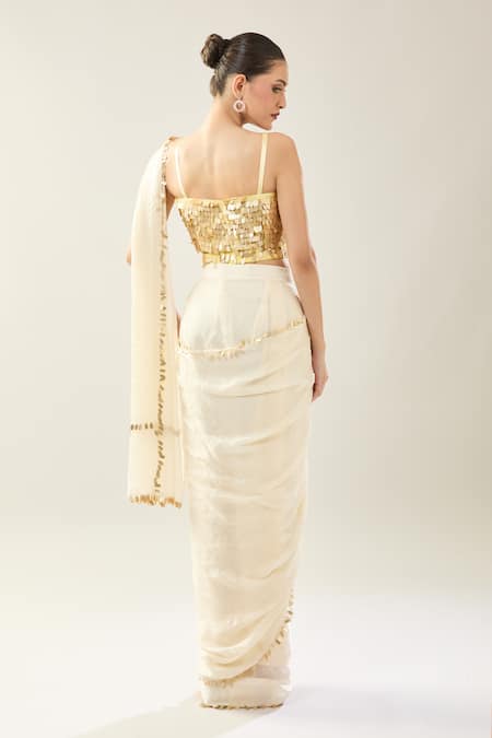 Samyukta Singhania Golden Sequin Embellished Off White Saree Set 