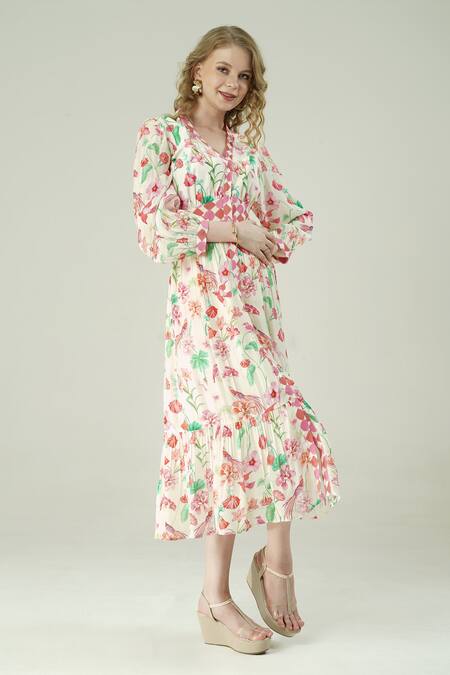 Surabhi Arya_Ivory Viscose, Crepe V-neck Floral Print Dress _Online_at_Aza_Fashions