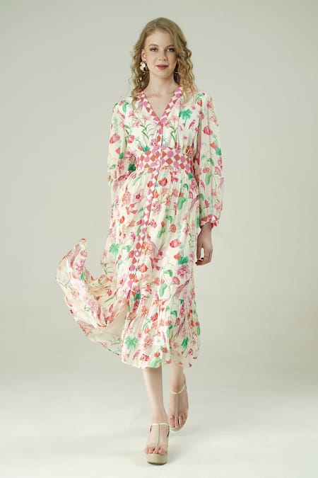 Buy_Surabhi Arya_Ivory Viscose, Crepe V-neck Floral Print Dress _Online_at_Aza_Fashions