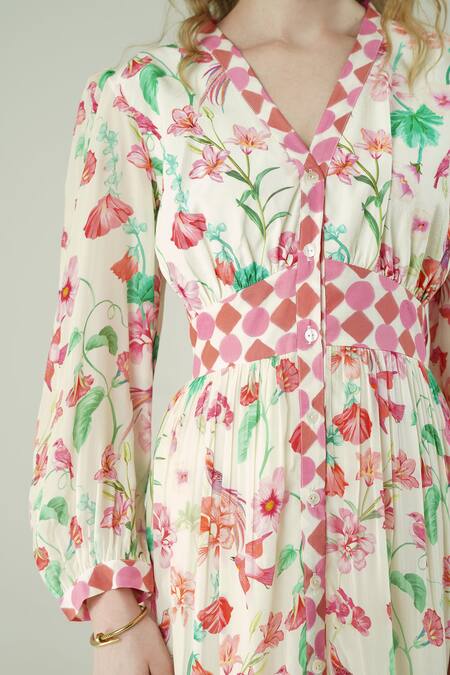 Shop_Surabhi Arya_Ivory Viscose, Crepe V-neck Floral Print Dress _Online_at_Aza_Fashions
