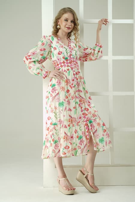 Surabhi Arya_Ivory Viscose, Crepe V-neck Floral Print Dress _at_Aza_Fashions