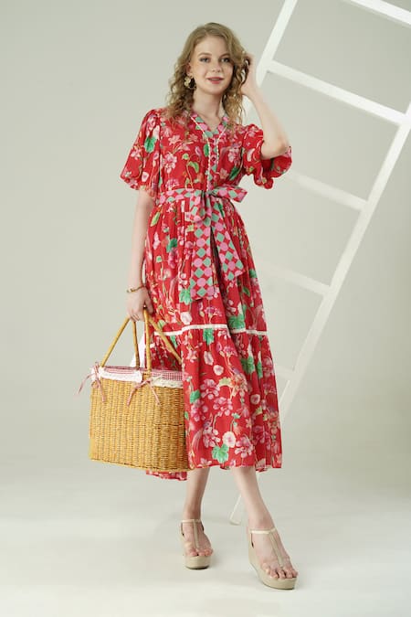 Surabhi Arya Red Muslin Collared Floral Print Dress 