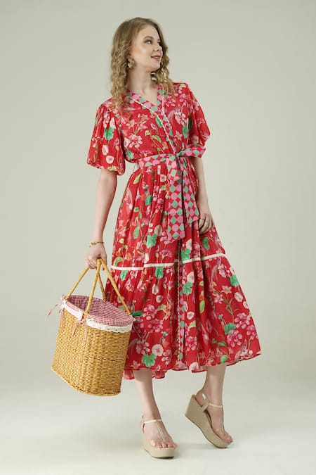 Shop_Surabhi Arya_Red Muslin Collared Floral Print Dress _Online_at_Aza_Fashions