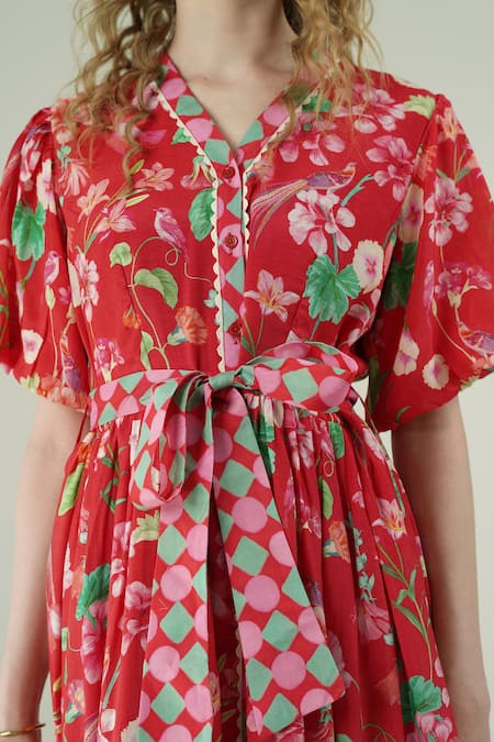Buy_Surabhi Arya_Red Muslin Collared Floral Print Dress 