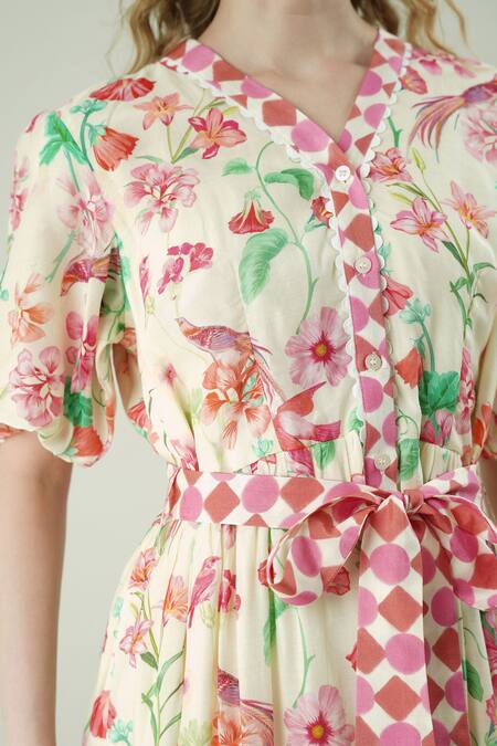 Shop_Surabhi Arya_Ivory Muslin V-neck Floral Print Dress _Online_at_Aza_Fashions