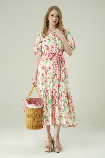 Buy_Surabhi Arya_Ivory Muslin V-neck Floral Print Dress 