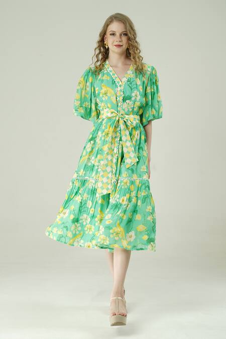Buy_Surabhi Arya_Green Muslin V-neck Floral Print Dress _Online_at_Aza_Fashions