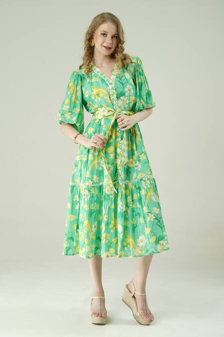 Shop_Surabhi Arya_Green Muslin V-neck Floral Print Dress _Online_at_Aza_Fashions