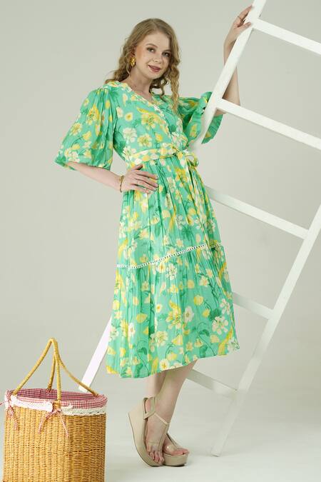 Buy_Surabhi Arya_Green Muslin V-neck Floral Print Dress 