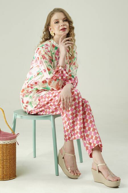 Buy_Surabhi Arya_Ivory Muslin Round Neck Floral Top And Pant Set _Online_at_Aza_Fashions