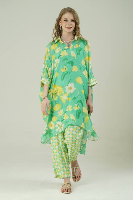 Shop_Surabhi Arya_Green Muslin Collared Floral Print Kaftan And Pant Set _Online_at_Aza_Fashions