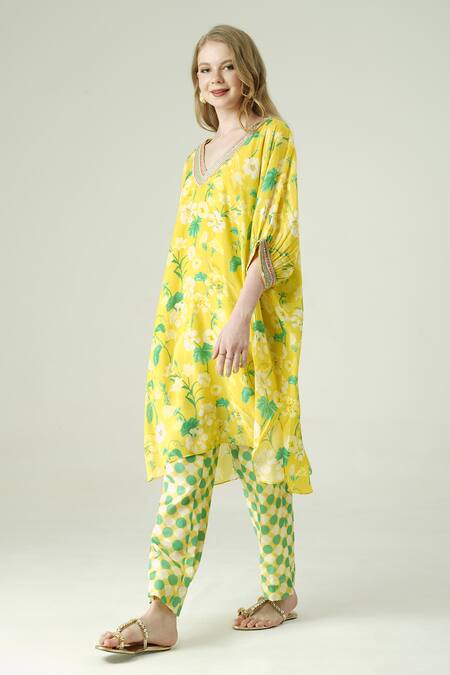 Buy_Surabhi Arya_Yellow Muslin Embroidery V-neck Floral Hand Kaftan And Pant Set _Online_at_Aza_Fashions