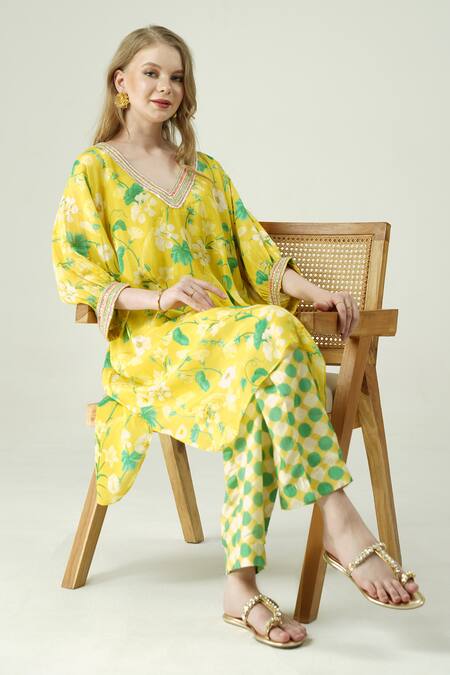 Shop_Surabhi Arya_Yellow Muslin Embroidery V-neck Floral Hand Kaftan And Pant Set _Online_at_Aza_Fashions