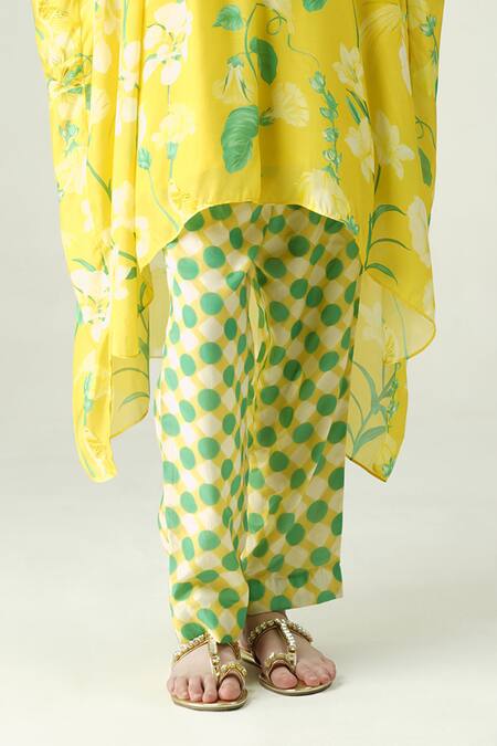 Shop_Surabhi Arya_Yellow Muslin Split V-neck Floral Kaftan Set _Online_at_Aza_Fashions