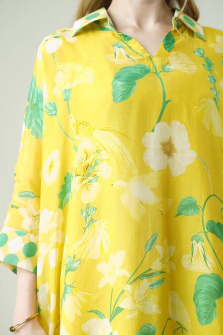 Buy_Surabhi Arya_Yellow Muslin Split V-neck Floral Kaftan Set 