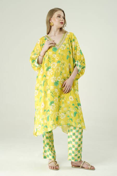 Buy_Surabhi Arya_Yellow Muslin Embroidery V-neck Floral Print Kaftan And Pant Set _Online_at_Aza_Fashions