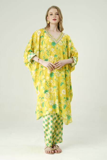 Shop_Surabhi Arya_Yellow Muslin Embroidery V-neck Floral Print Kaftan And Pant Set _Online_at_Aza_Fashions