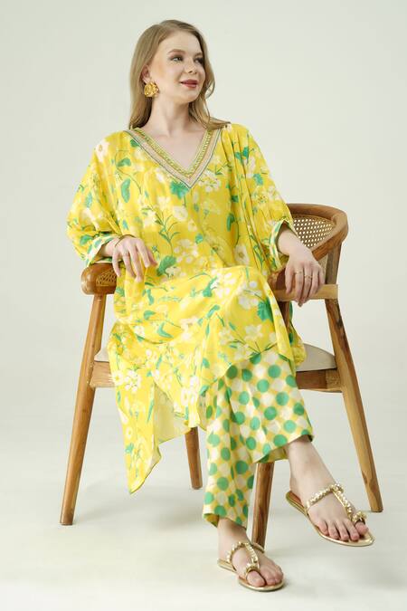 Shop_Surabhi Arya_Yellow Muslin Embroidery V-neck Floral Print Kaftan And Pant Set 