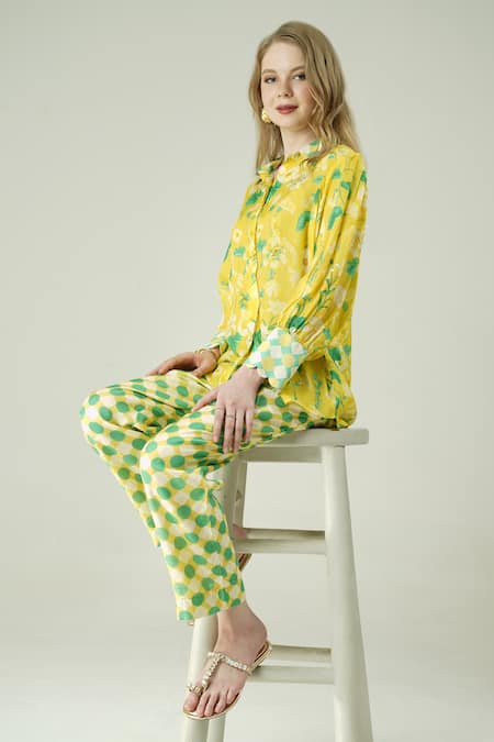 Buy_Surabhi Arya_Yellow Muslin Collared Floral Print Shirt And Pant Set _Online_at_Aza_Fashions