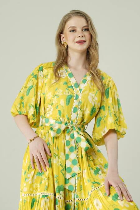Buy_Surabhi Arya_Yellow Muslin V-neck Lemon Dress With Belt _Online_at_Aza_Fashions