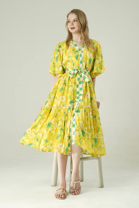 Shop_Surabhi Arya_Yellow Muslin V-neck Lemon Dress With Belt _Online_at_Aza_Fashions