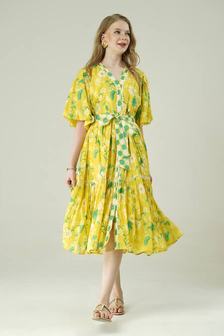 Surabhi Arya_Yellow Muslin V-neck Lemon Dress With Belt _at_Aza_Fashions