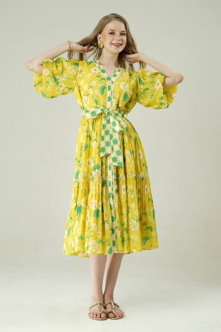 Buy_Surabhi Arya_Yellow Muslin V-neck Lemon Dress With Belt 